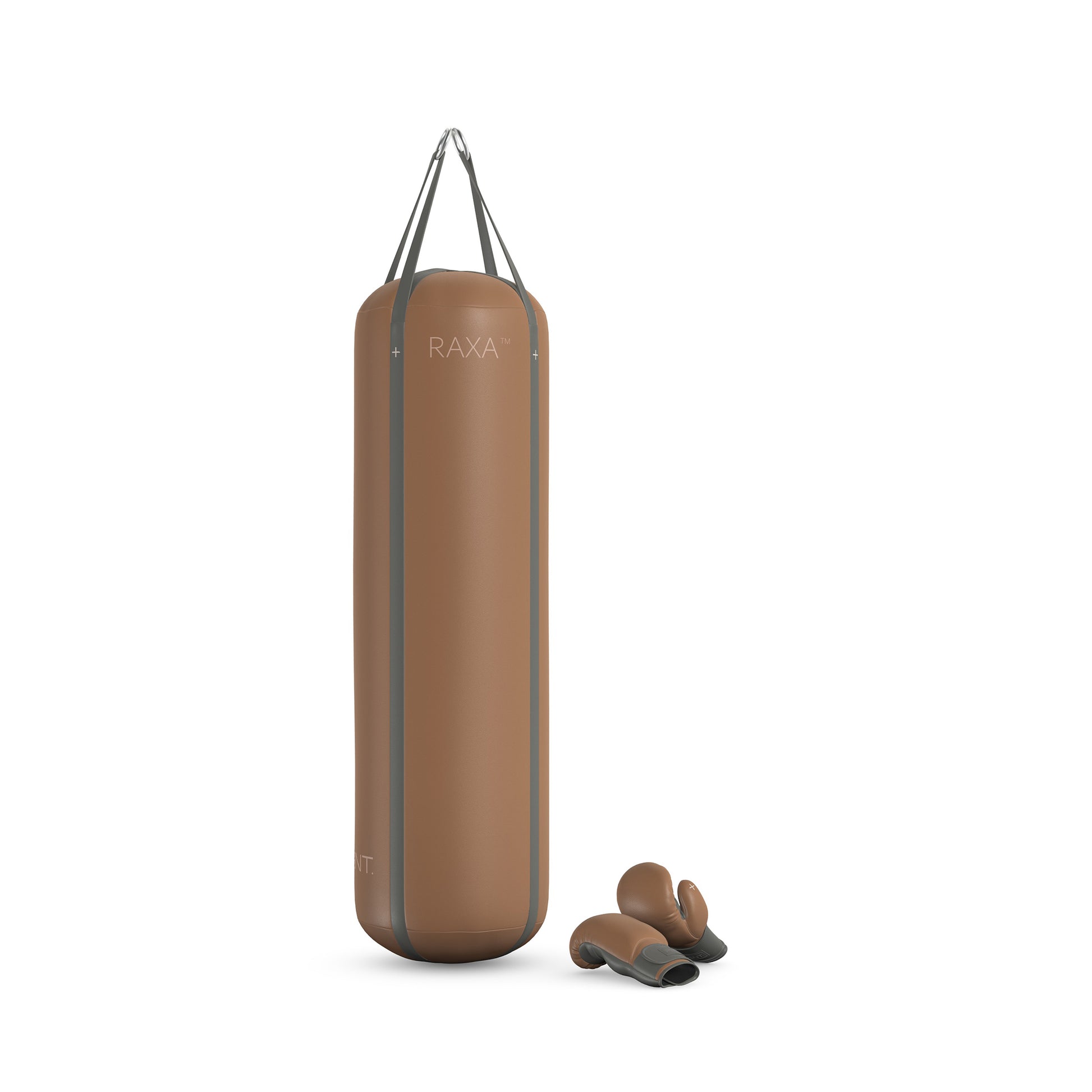 Luxury boxing equipment, handcrafted genuine Italian leather punching bag and boxing gloves, filled with genuine leather scraps. Base leather in brown and accent leather in grey color. PENT. RAXA