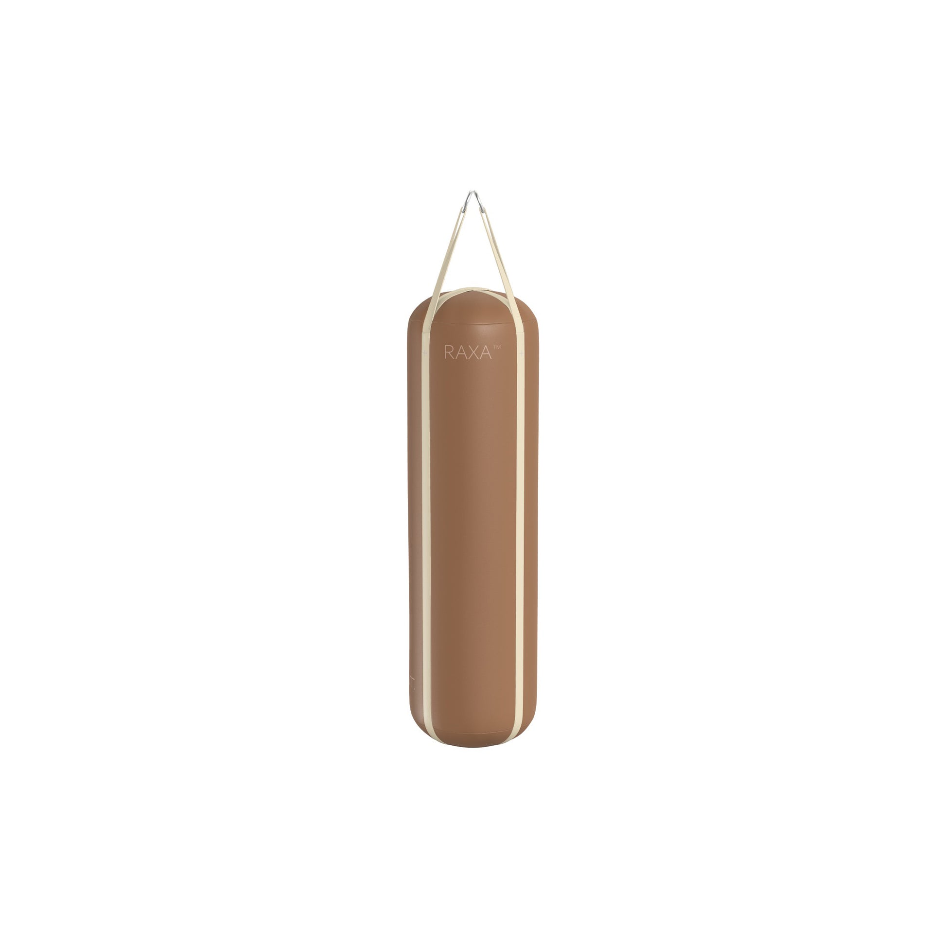 Luxury boxing equipment, handcrafted genuine Italian leather punching bag, filled with genuine leather scraps. With brown base & beige accent Italian leather. PENT. RAXA