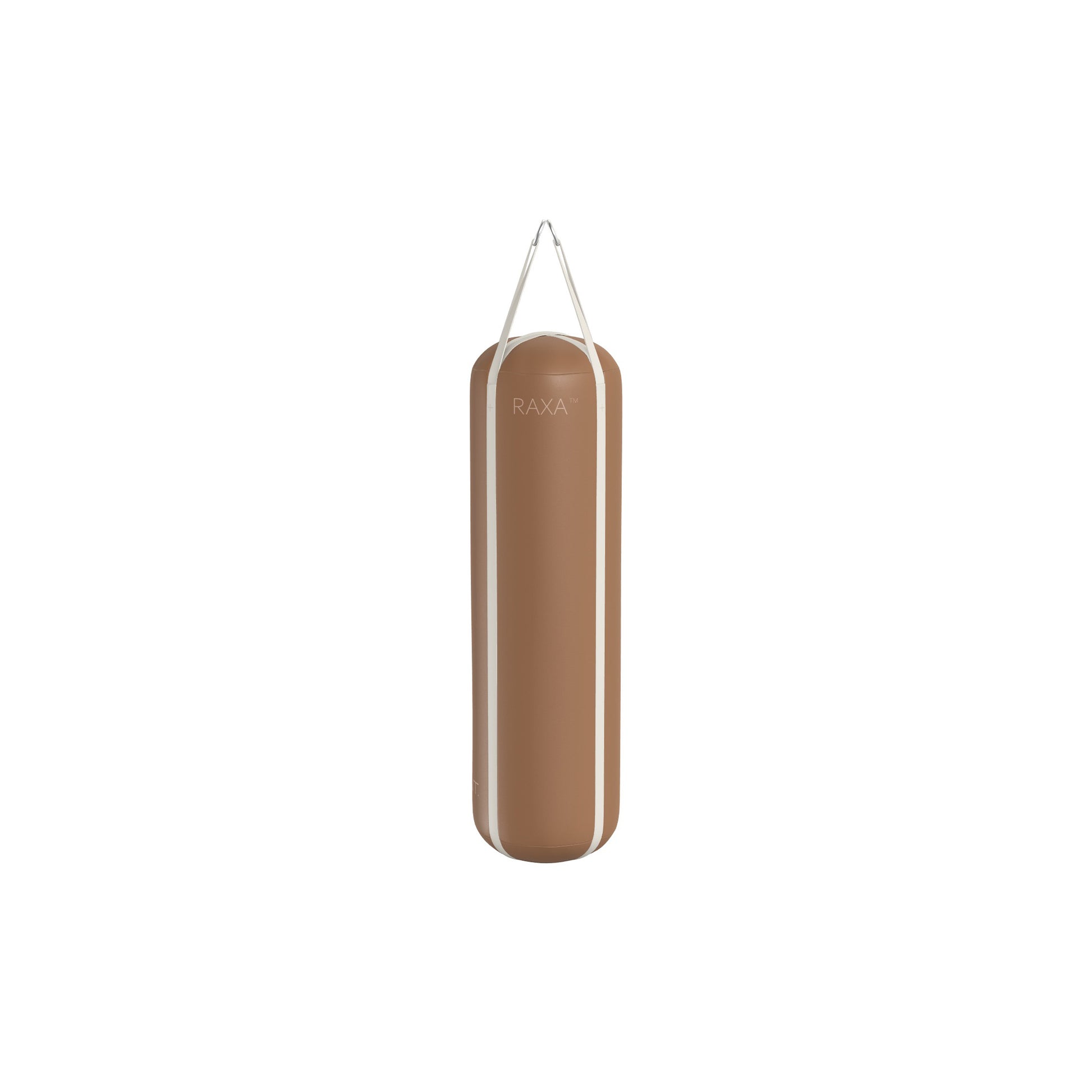 Luxury boxing equipment, handcrafted genuine Italian leather punching bag, filled with genuine leather scraps. With brown base & white accent Italian leather. PENT. RAXA