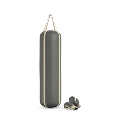 Luxury boxing equipment, handcrafted genuine Italian leather punching bag and boxing gloves, filled with genuine leather scraps. Base leather in grey and accent leather in beige color. PENT. RAXA