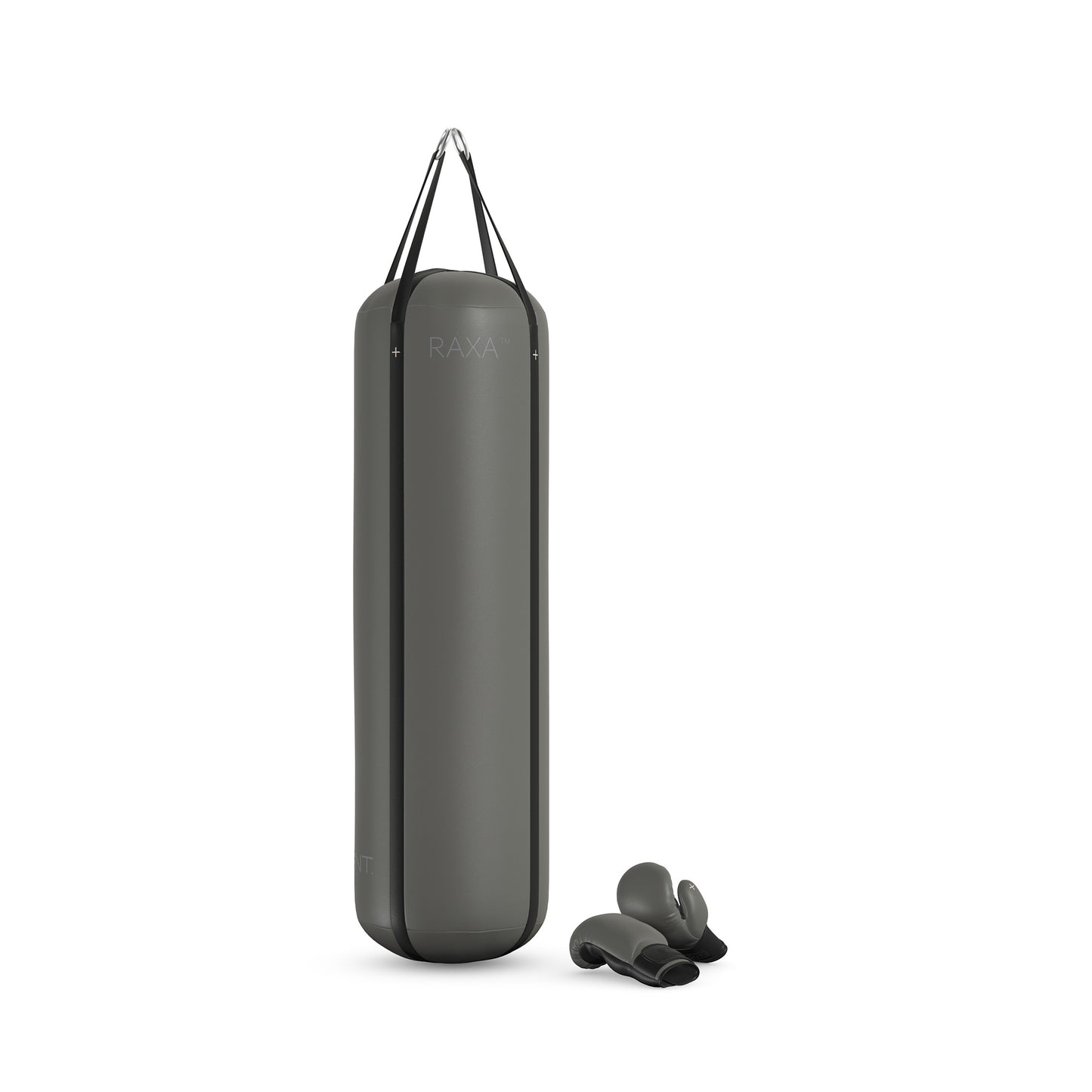 Luxury boxing equipment, handcrafted genuine Italian leather punching bag and boxing gloves, filled with genuine leather scraps. Base leather in grey and accent leather in black color. PENT. RAXA
