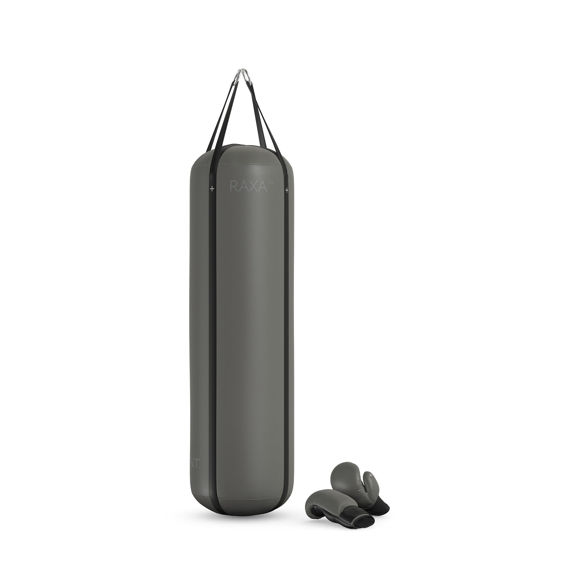Luxury boxing equipment, handcrafted genuine Italian leather punching bag and boxing gloves, filled with genuine leather scraps. Base leather in grey and accent leather in black color. PENT. RAXA