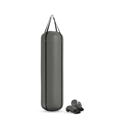 Luxury boxing equipment, handcrafted genuine Italian leather punching bag and boxing gloves, filled with genuine leather scraps. With grey base & black accent Italian leather. PENT. RAXA