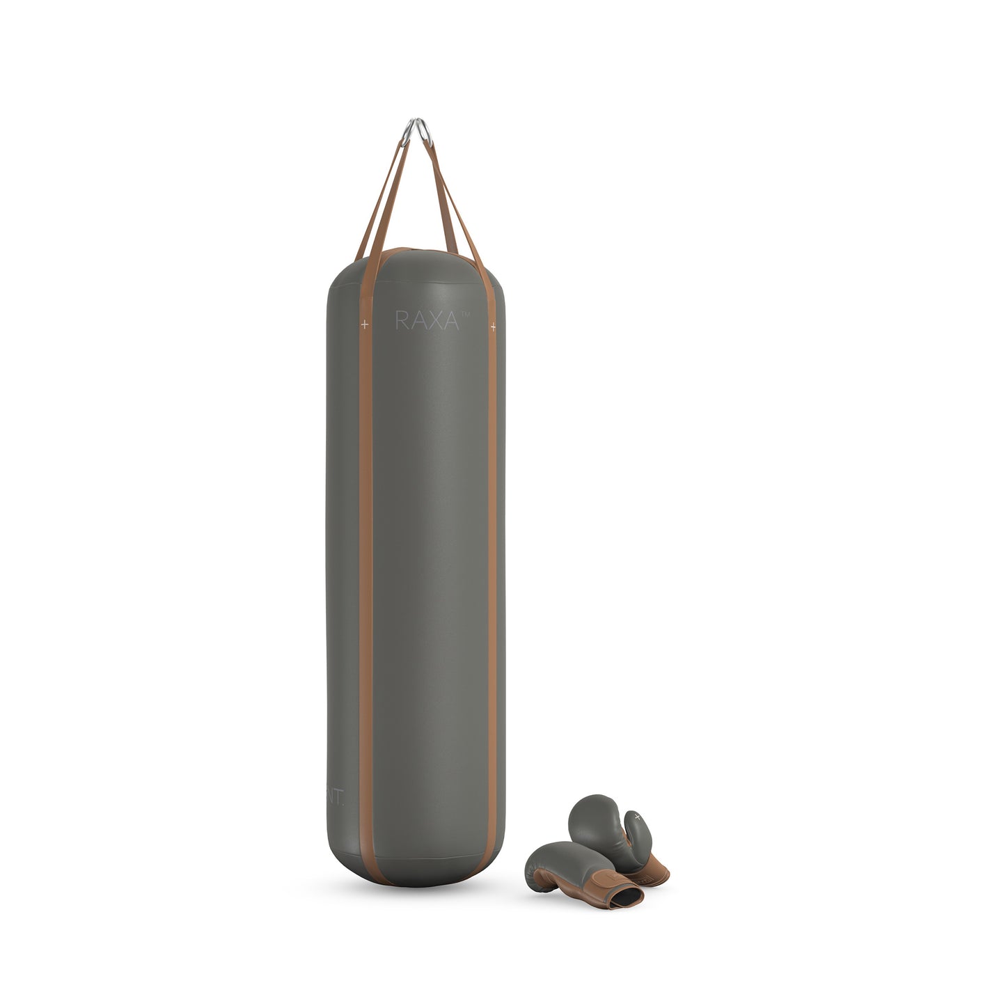 Luxury boxing equipment, handcrafted genuine Italian leather punching bag and boxing gloves, filled with genuine leather scraps. Base leather in grey and accent leather in brown color. PENT. RAXA