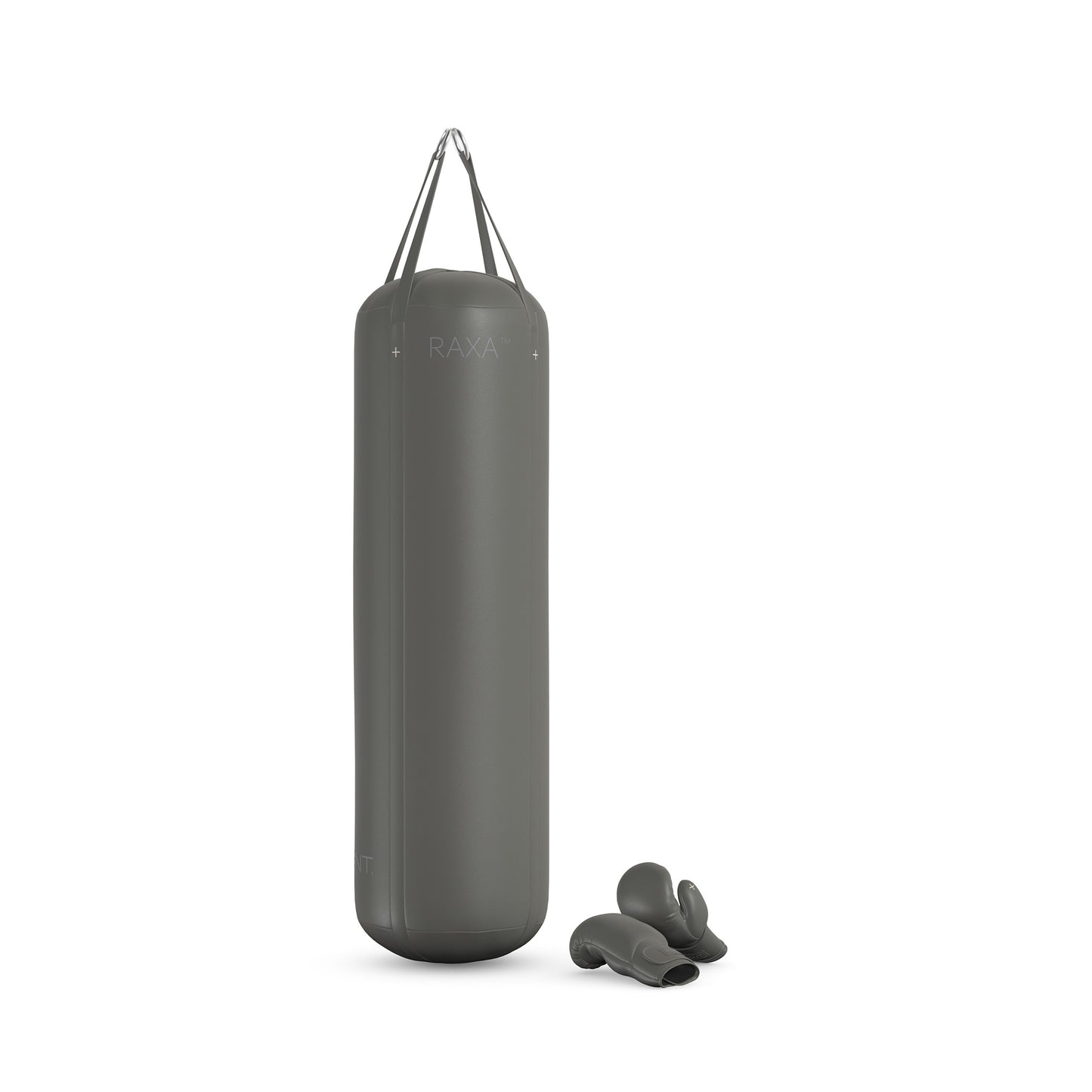 Luxury boxing equipment, handcrafted genuine Italian leather punching bag and boxing gloves, filled with genuine leather scraps. Base leather in grey and accent leather in grey color. PENT. RAXA