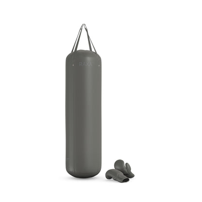 Luxury boxing equipment, handcrafted genuine Italian leather punching bag and boxing gloves, filled with genuine leather scraps. With full grey base & accent Italian leather. PENT. RAXA