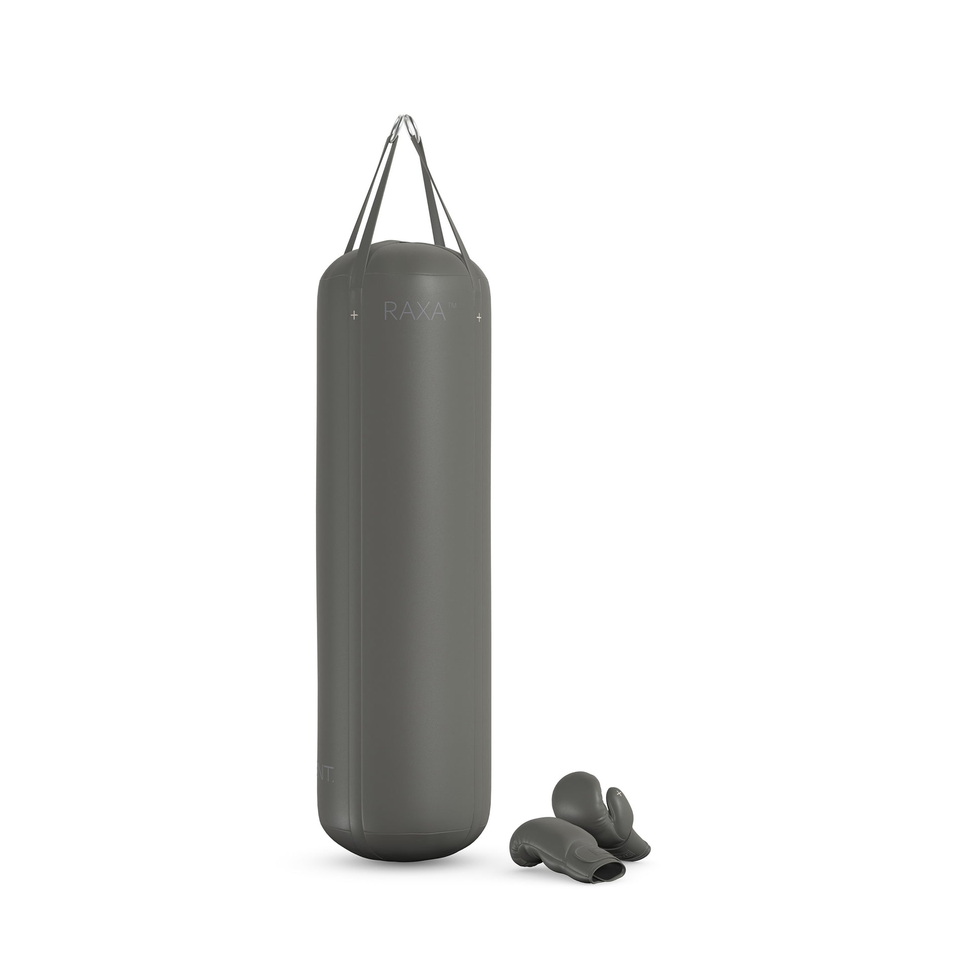 Luxury boxing equipment, handcrafted genuine Italian leather punching bag and boxing gloves, filled with genuine leather scraps. Base leather in grey and accent leather in grey color. PENT. RAXA