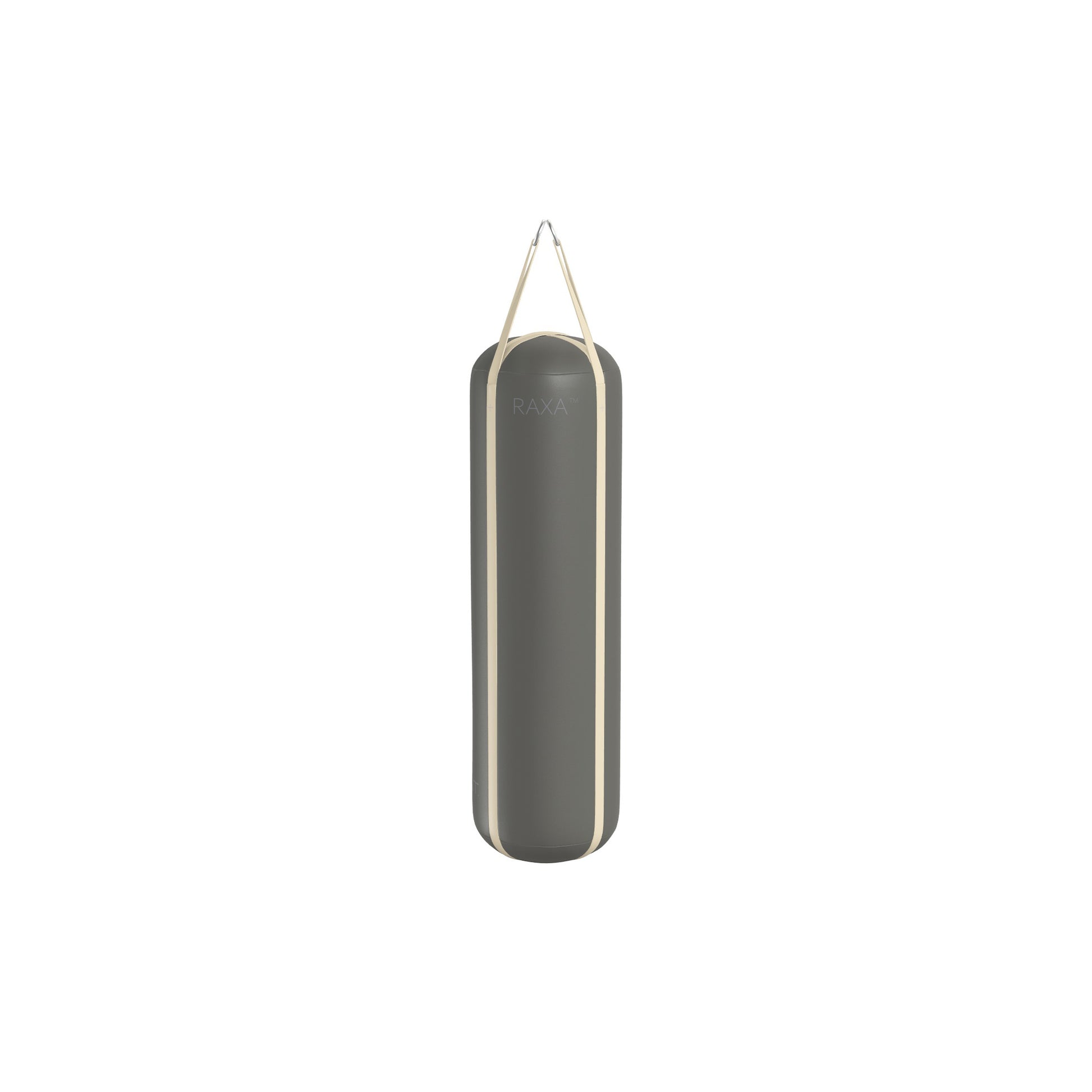 Luxury boxing equipment, handcrafted genuine Italian leather punching bag and boxing gloves, filled with genuine leather scraps. With grey base & beige accent Italian leather. PENT. RAXA