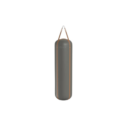 Luxury boxing equipment, handcrafted genuine Italian leather punching bag, filled with genuine leather scraps. With grey base & brown accent Italian leather. PENT. RAXA