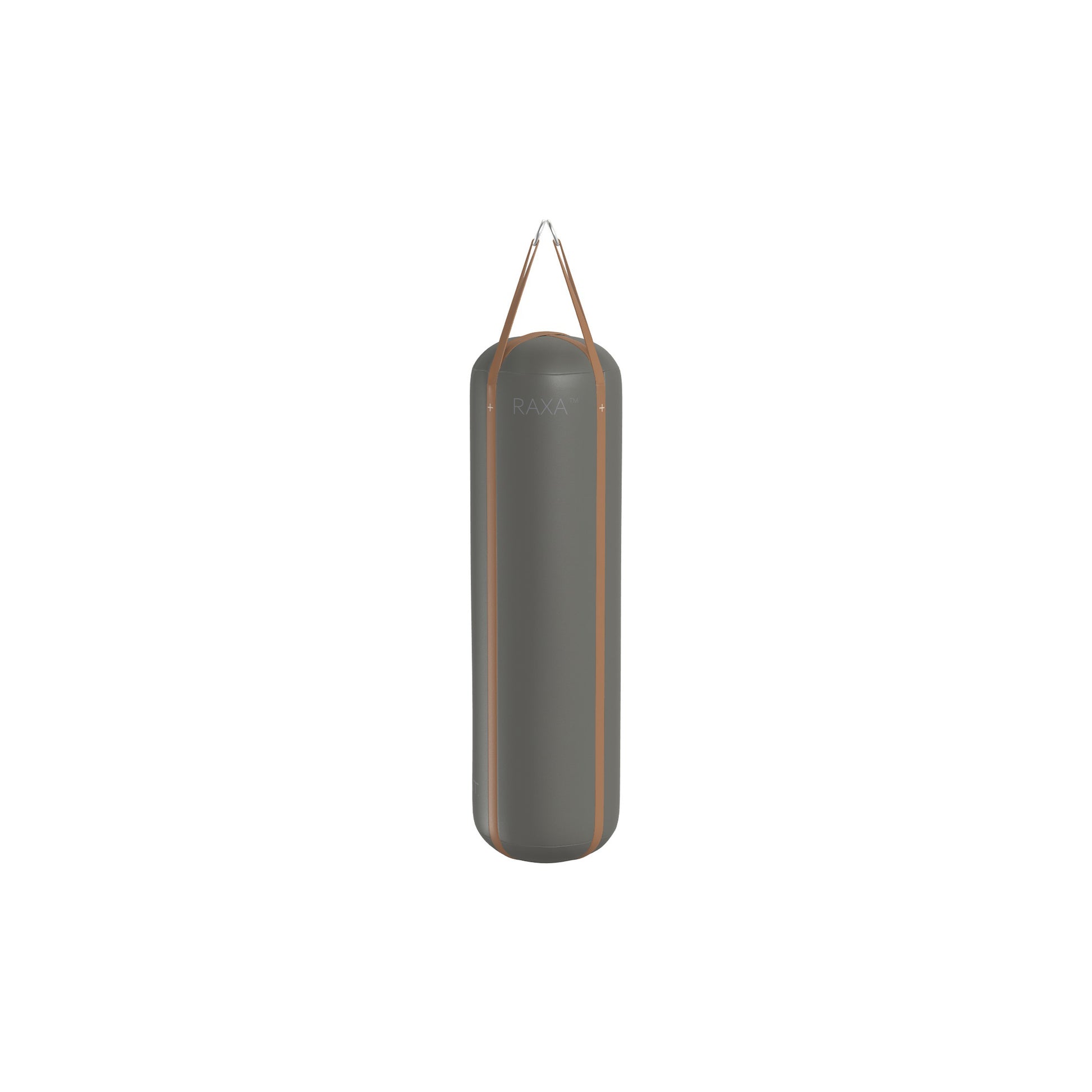Luxury boxing equipment, handcrafted genuine Italian leather punching bag, filled with genuine leather scraps. With grey base & brown accent Italian leather. PENT. RAXA