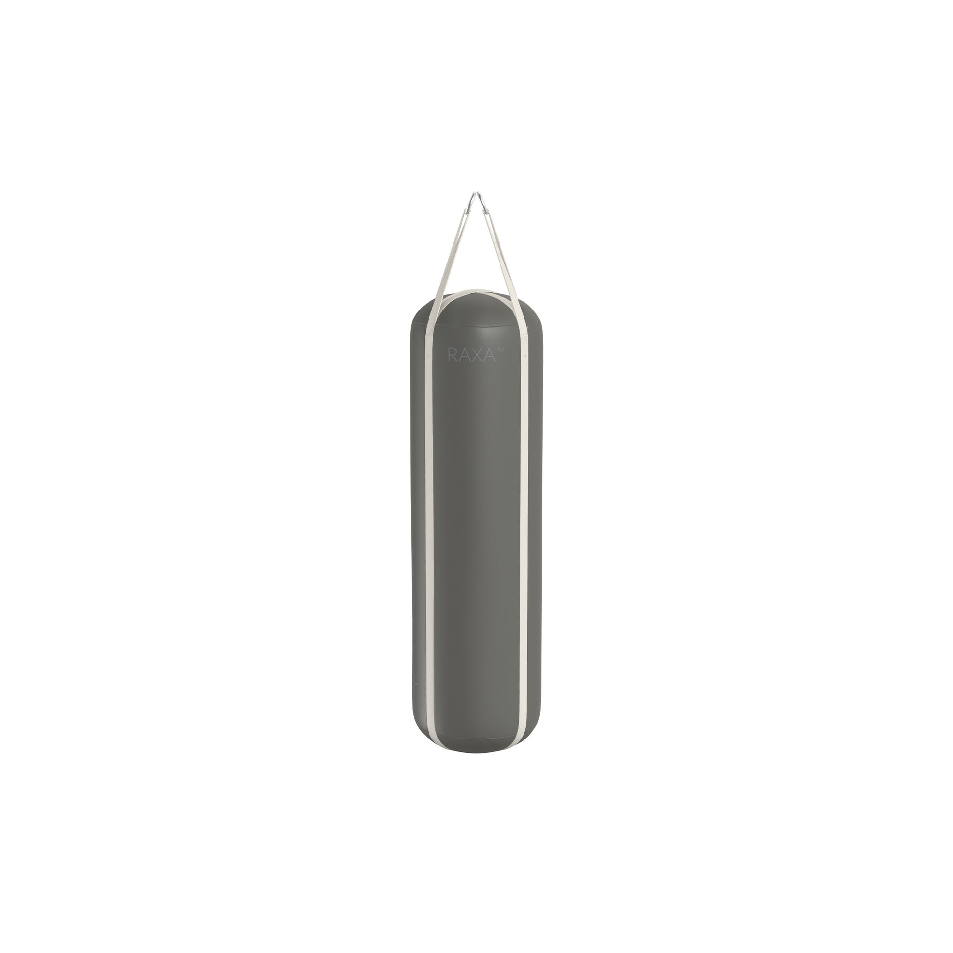 Luxury boxing equipment, handcrafted genuine Italian leather punching bag, filled with genuine leather scraps. With grey base & white accent Italian leather. PENT. RAXA