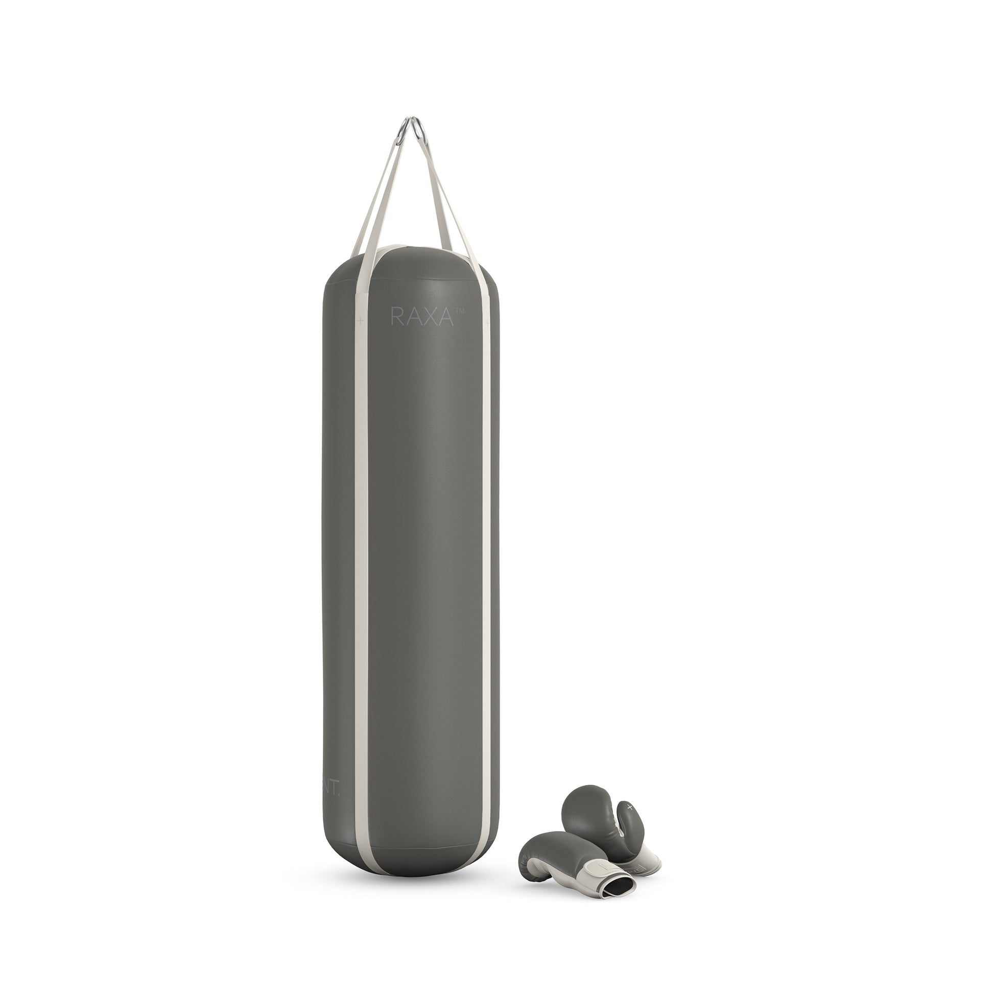 Luxury boxing equipment, handcrafted genuine Italian leather punching bag and boxing gloves, filled with genuine leather scraps. Base leather in grey and accent leather in white color. PENT. RAXA