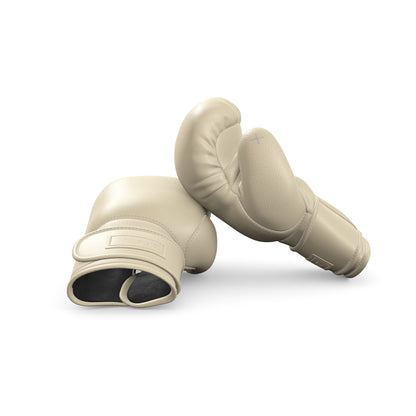 Luxury fitness equipment, handmade boxing gloves with premium Italian leather, base leather in beige and accent leather in beige color. PENT. RAXA - Luxury Boxing Gloves