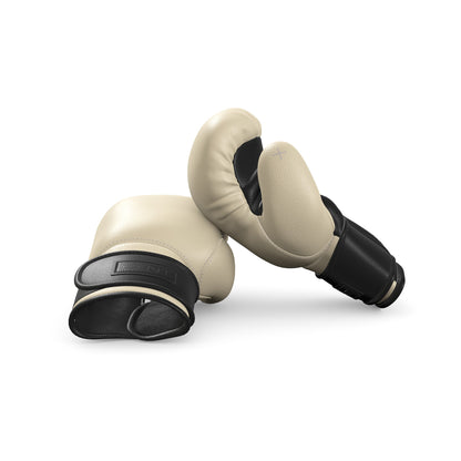Luxury fitness equipment, handmade boxing gloves with premium Italian leather, base leather in beige and accent leather in black color. PENT. RAXA - Luxury Boxing Gloves