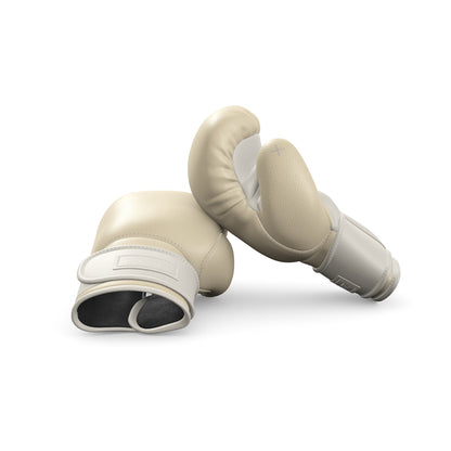 Luxury fitness equipment, handmade boxing gloves with premium Italian leather, base leather in beige and accent leather in white color. PENT. RAXA - Luxury Boxing Gloves
