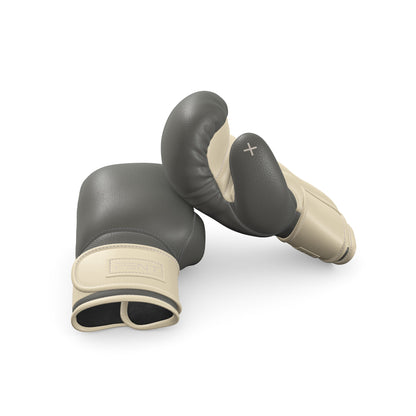 Luxury fitness equipment, handmade boxing gloves with premium Italian leather, base leather in grey and accent leather in beige color. PENT. RAXA - Luxury Boxing Gloves