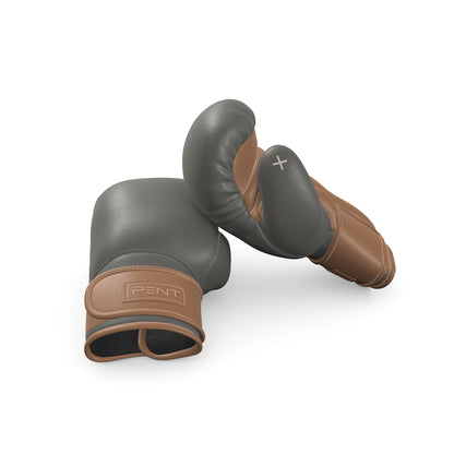 Luxury fitness equipment, handmade boxing gloves with premium Italian leather, base leather in grey and accent leather in brown color. PENT. RAXA - Luxury Boxing Gloves