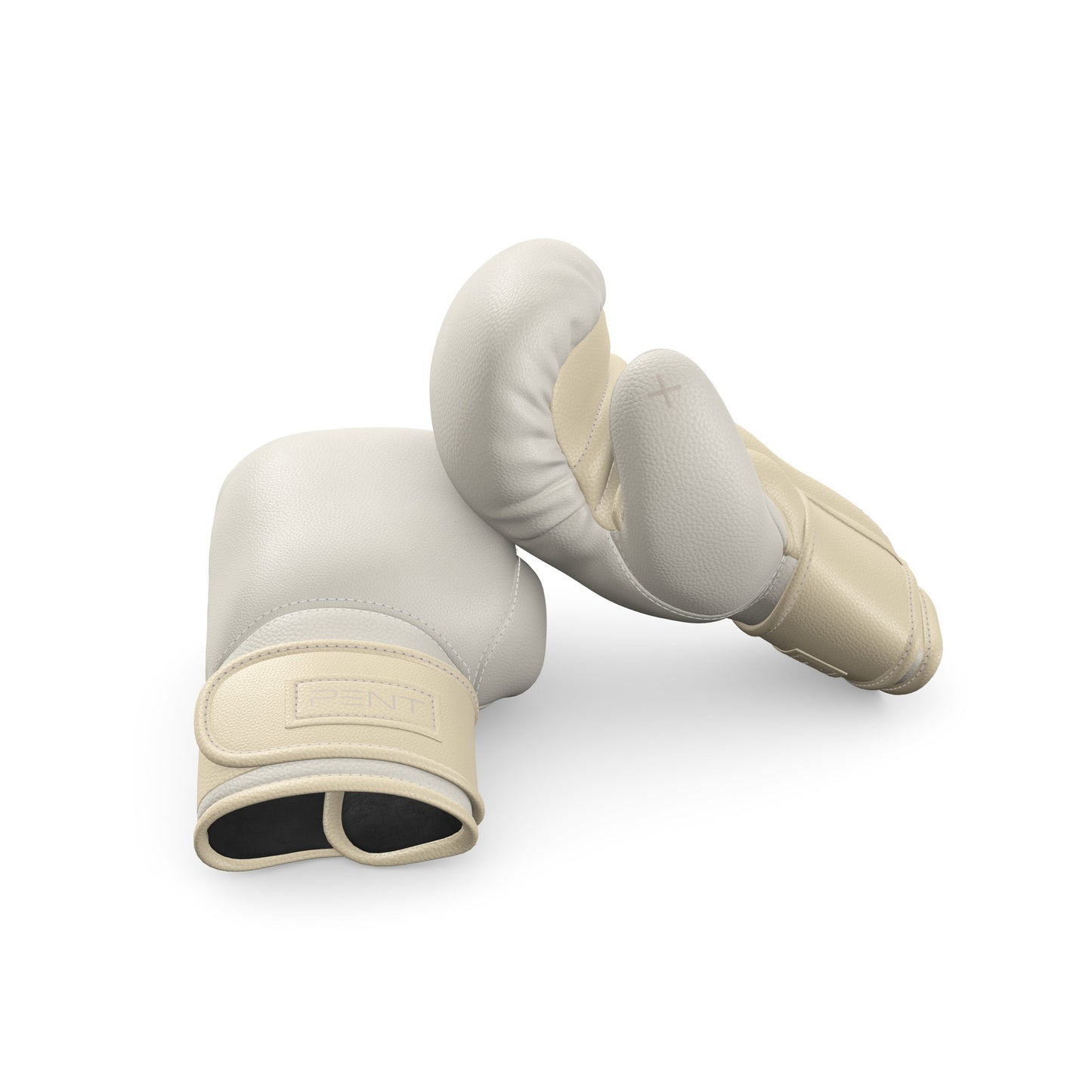 Luxury fitness equipment, handmade boxing gloves with premium Italian leather, base leather in white and accent leather in beige color.  PENT. RAXA - Luxury Boxing Gloves