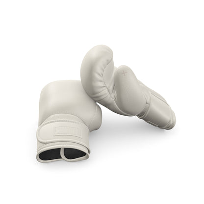 Luxury fitness equipment, handmade boxing gloves with premium Italian leather, both base & accent leather color in white. PENT. RAXA - Luxury Boxing Gloves