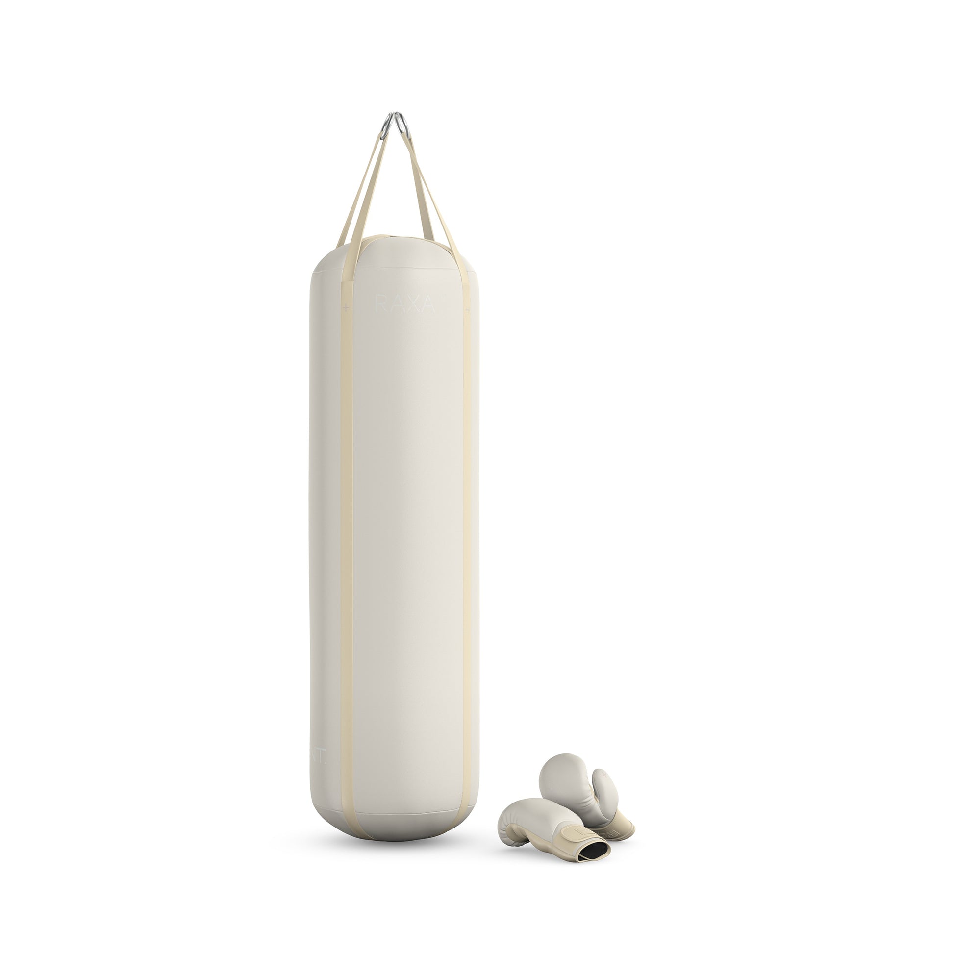 Luxury boxing equipment, handcrafted genuine Italian leather punching bag and boxing gloves, filled with genuine leather scraps. Base leather in white and accent leather in beige color. PENT. RAXA