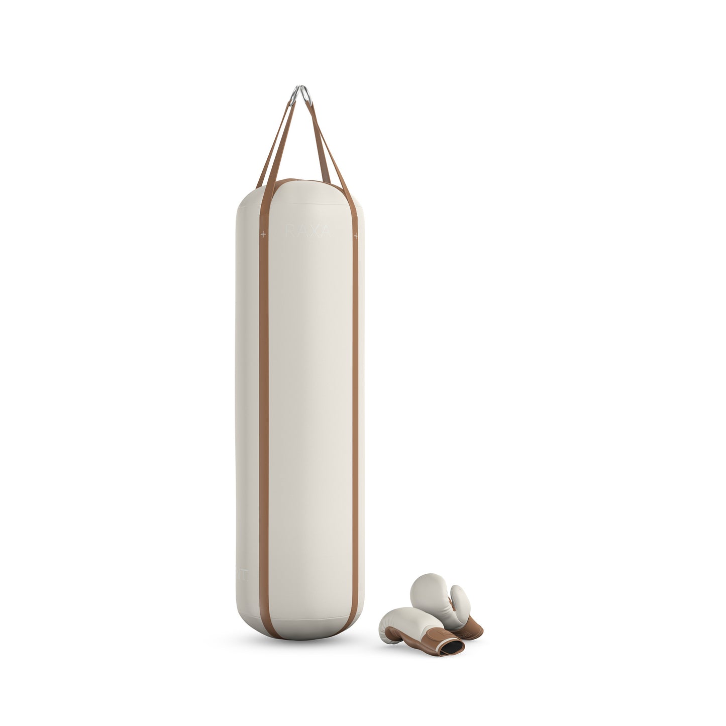 Luxury boxing equipment, handcrafted genuine Italian leather punching bag and boxing gloves, filled with genuine leather scraps. Base leather in white and accent leather in brown color. PENT. RAXA
