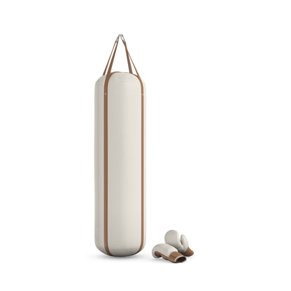 Luxury boxing equipment, handcrafted genuine Italian leather punching bag and boxing gloves, filled with genuine leather scraps. Base leather in white and accent leather in brown color. PENT. RAXA