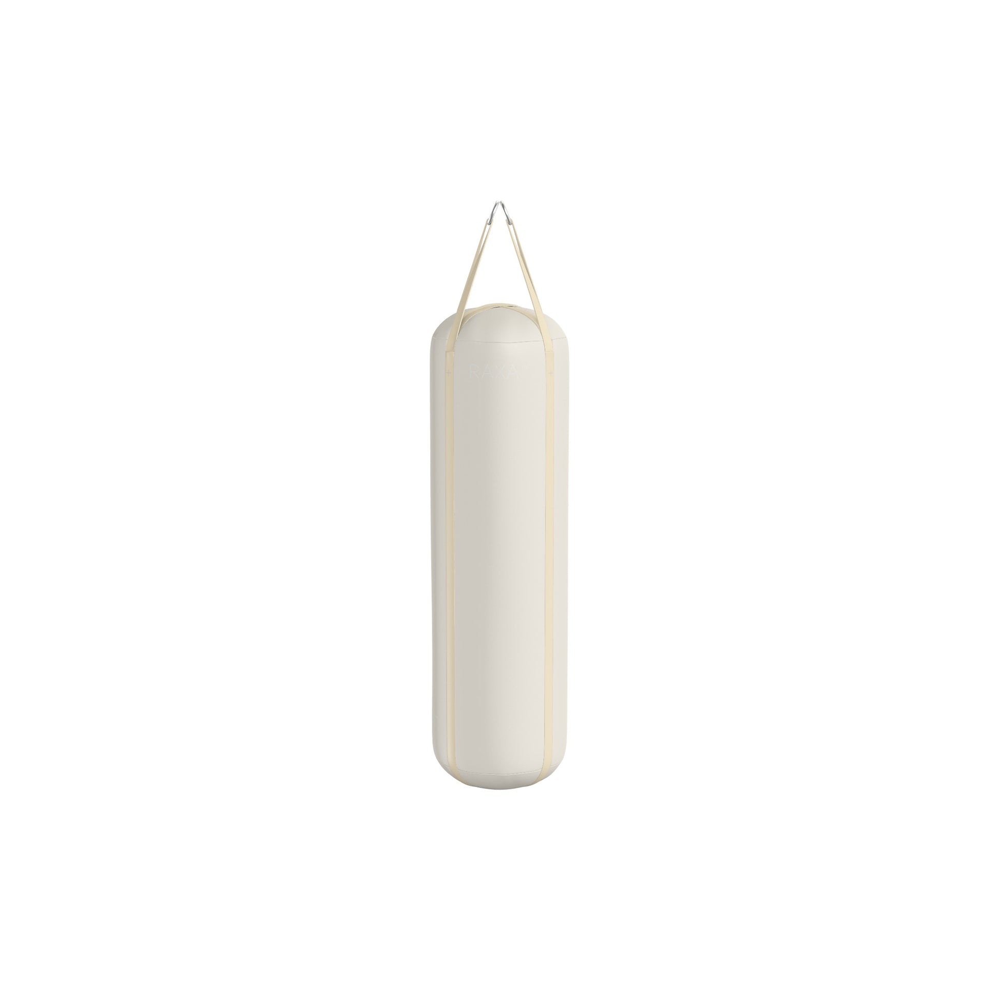 Luxury boxing equipment, handcrafted genuine Italian leather punching bag, filled with genuine leather scraps. Base leather in white and accent leather in beige color. PENT. RAXA