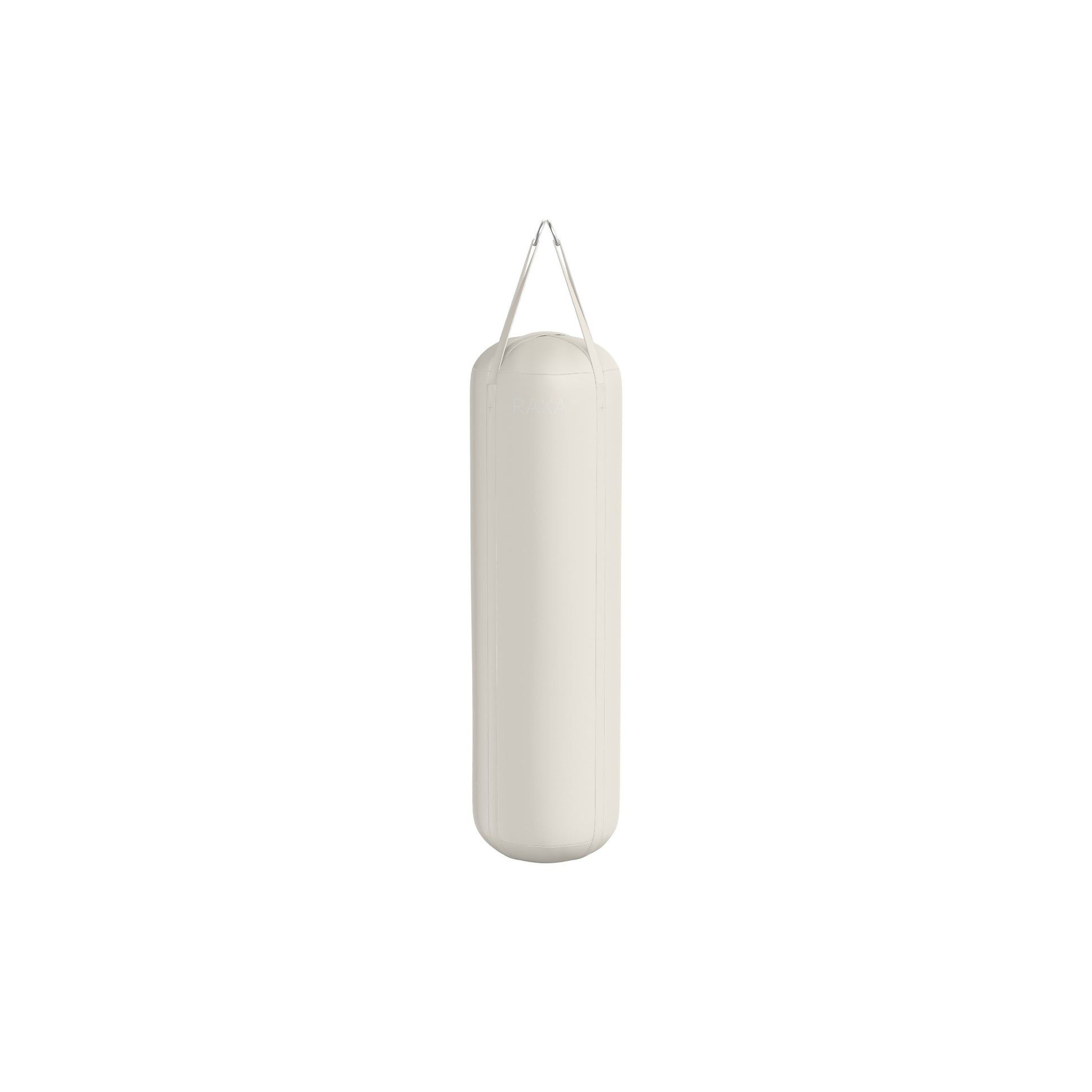 Luxury boxing equipment, handcrafted genuine Italian leather punching bag, filled with genuine leather scraps. Both base and accent leather in white color. PENT. RAXA