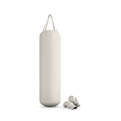 Luxury boxing equipment, handcrafted genuine Italian leather punching bag and boxing gloves, filled with genuine leather scraps. Both base and accent leather in white color. PENT. RAXA 