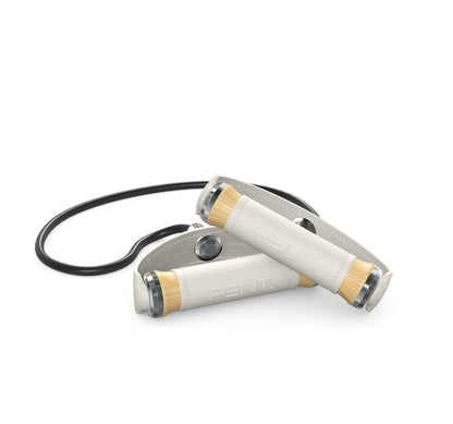 Luxury gym equipment, handcrafted resistance band with natural ash wood and premium white leather. PENT. RESA - Luxury Fitness Resistance Band