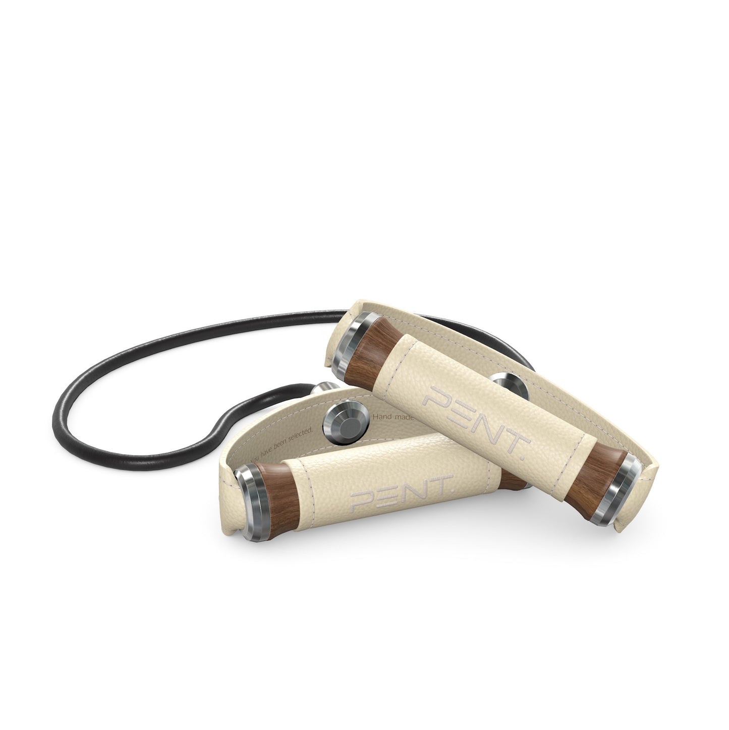 Luxury gym equipment, handcrafted resistance band with natural walnut wood and premium beige leather. PENT. RESA - Luxury Fitness Resistance Band