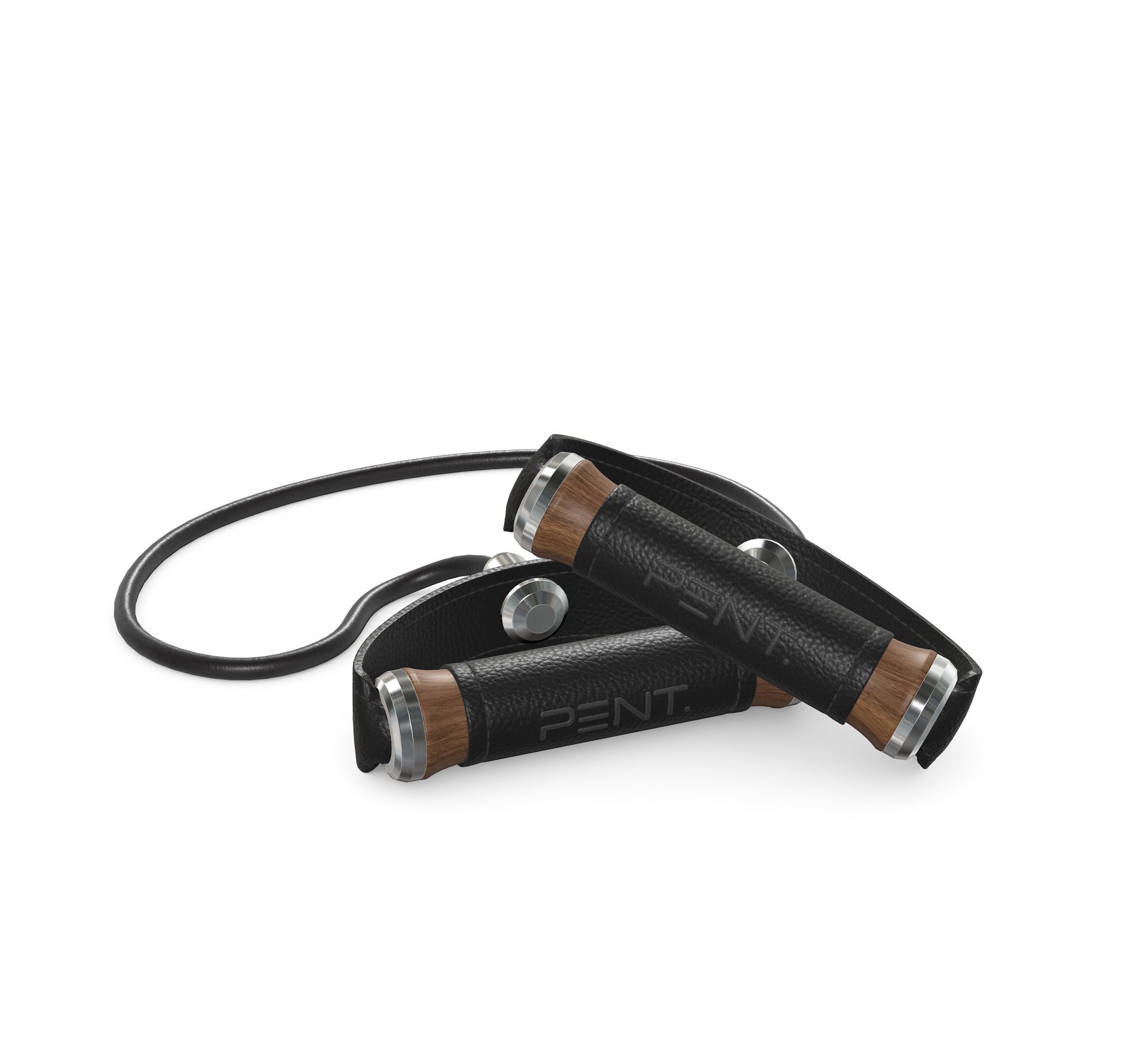 Luxury gym equipment, handcrafted resistance band with natural walnut wood and premium black leather. PENT. RESA - Luxury Fitness Resistance Band