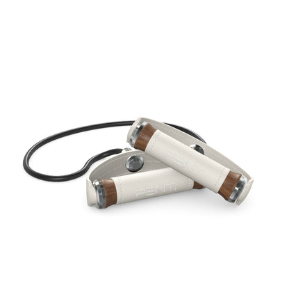 Luxury gym equipment, handcrafted resistance band with natural walnut wood and premium white leather. PENT. RESA - Luxury Fitness Resistance Band
