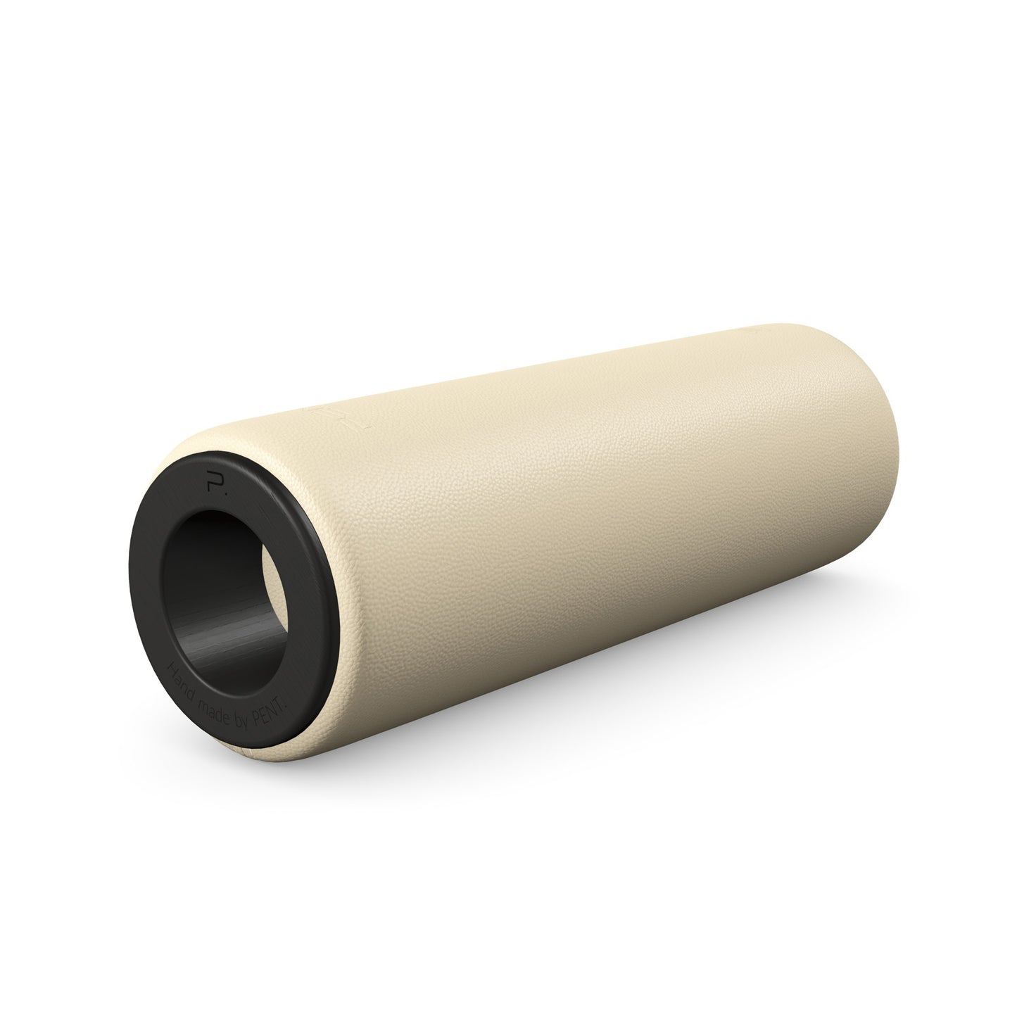 Luxury fitness equipment, handcrafted stretching roller with natural wood and luxurious leather. Customize in beige base leather, beige accent leather and black ash wood. PENT. ROLA - Luxury Stretching Roller
