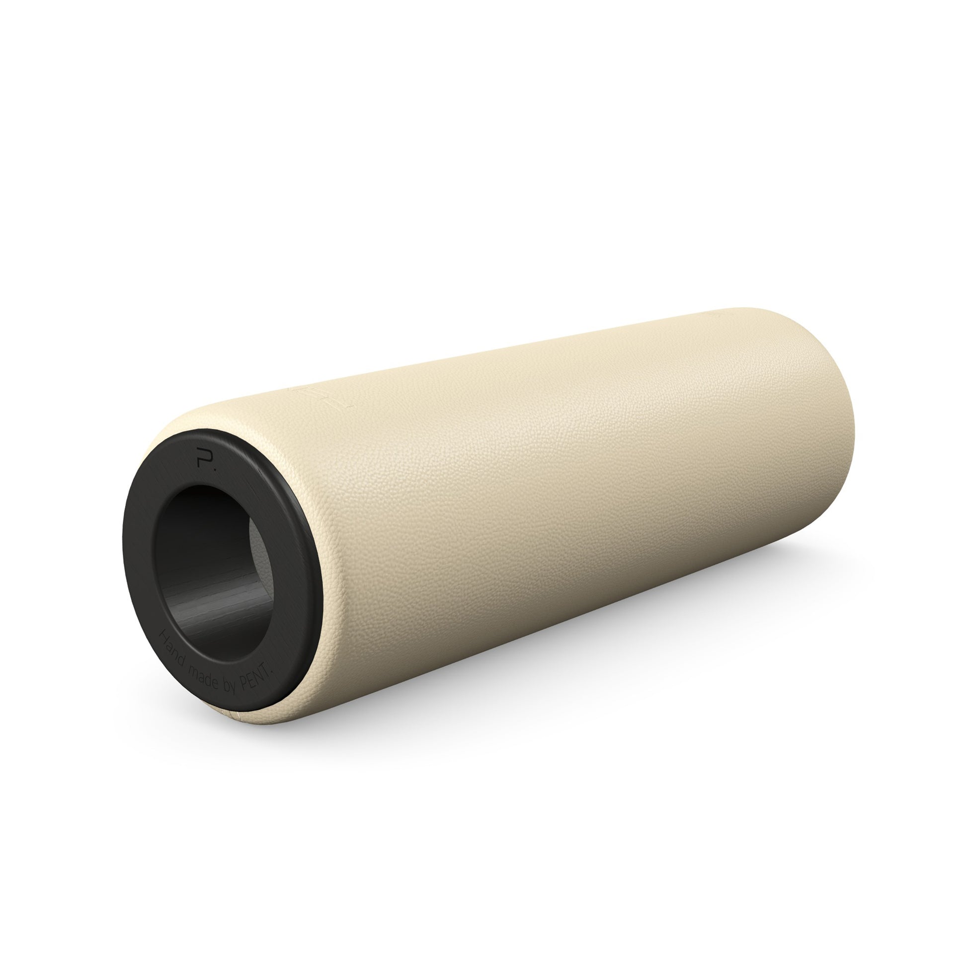 Luxury fitness equipment, handcrafted stretching roller with natural wood and luxurious leather. Customize in beige base leather, grey accent leather and black ash wood. PENT. ROLA - Luxury Stretching Roller