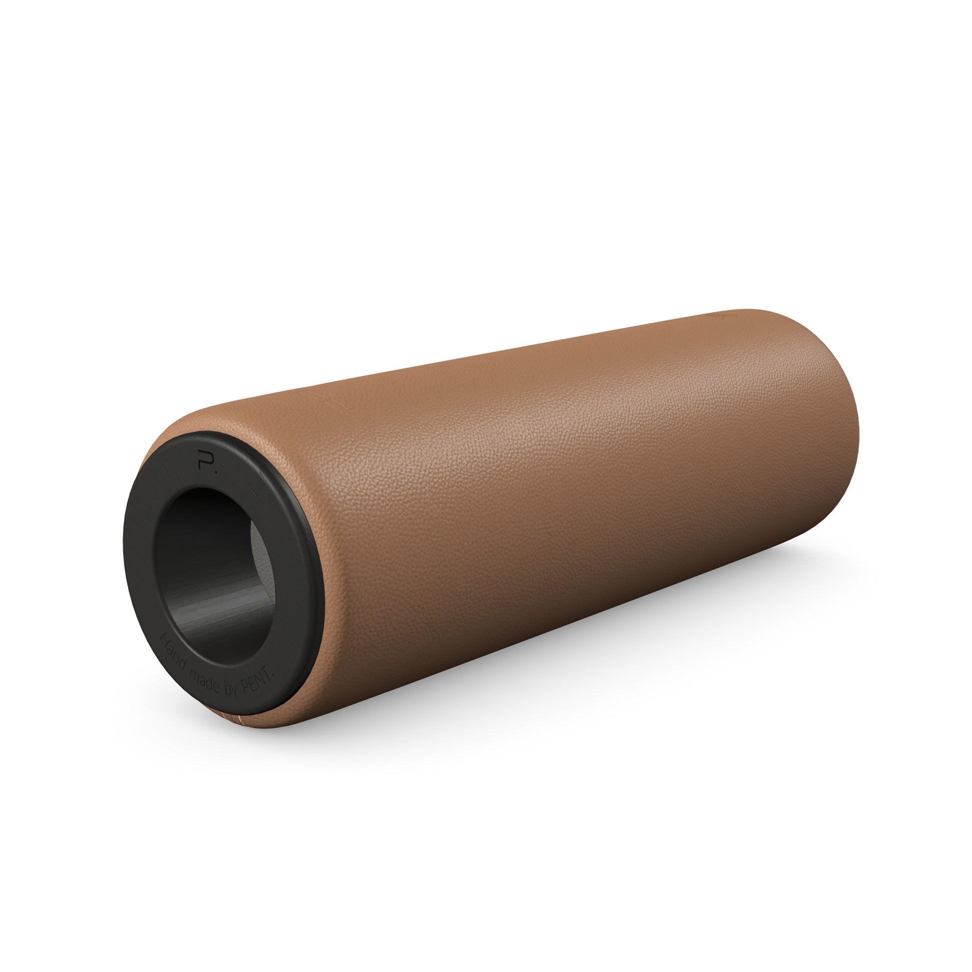 Luxury fitness equipment, handcrafted stretching roller with natural wood and luxurious leather. Customize in brown base leather, grey accent leather and black ash wood. PENT. ROLA - Luxury Stretching Roller