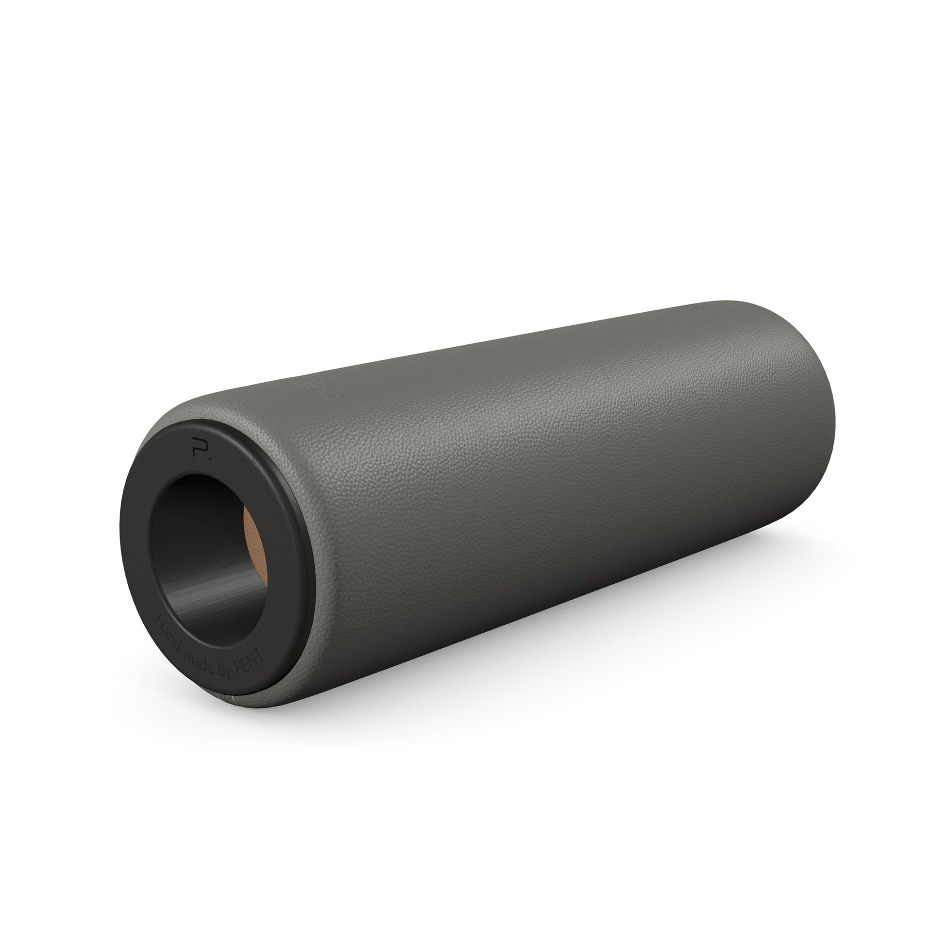 Luxury fitness equipment, handcrafted stretching roller with natural wood and luxurious leather. Customize in grey base leather, brown accent leather and black ash wood. PENT. ROLA - Luxury Stretching Roller