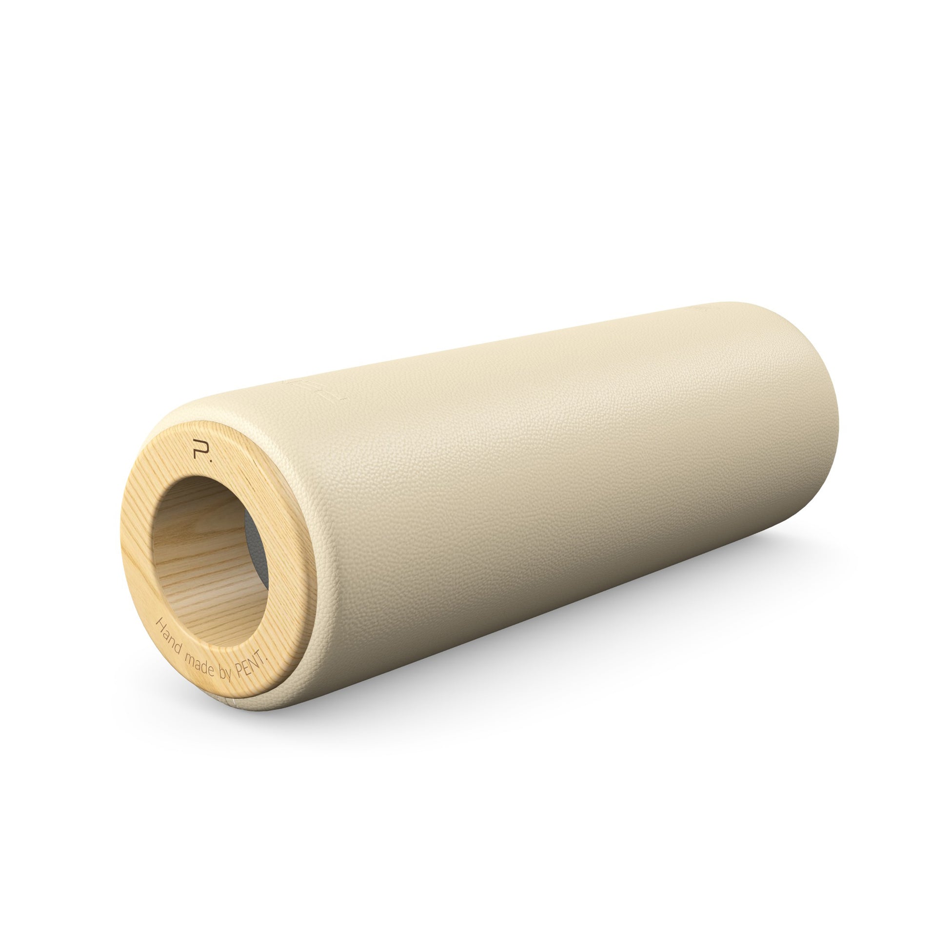 Luxury fitness equipment, handcrafted stretching roller with natural wood and luxurious leather. Customize in beige base leather, grey accent leather and natural ash wood. PENT. ROLA - Luxury Stretching Roller