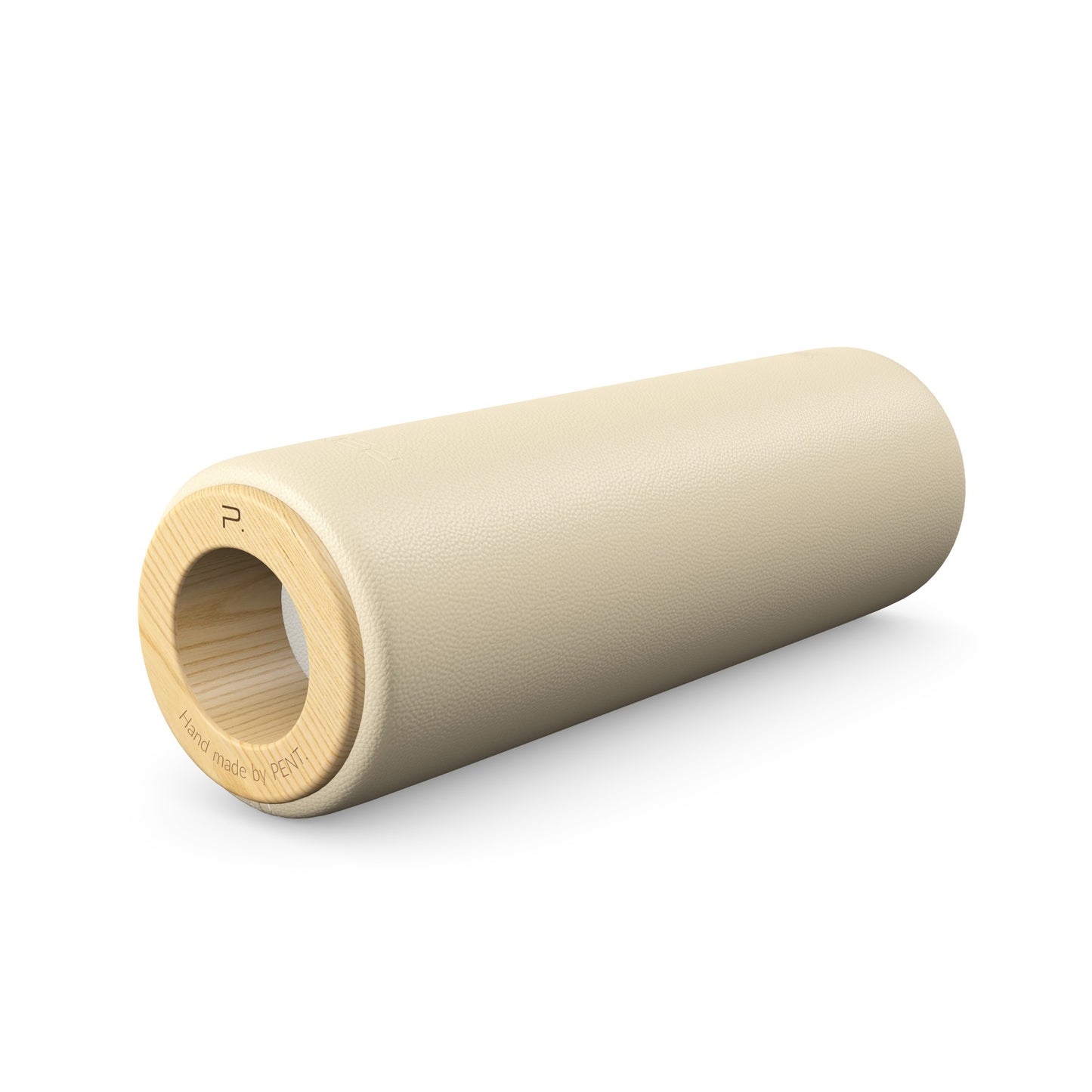 Luxury fitness equipment, handcrafted stretching roller with natural wood and luxurious leather. Customize in beige base leather, white accent leather and natural ash wood. PENT. ROLA - Luxury Stretching Roller