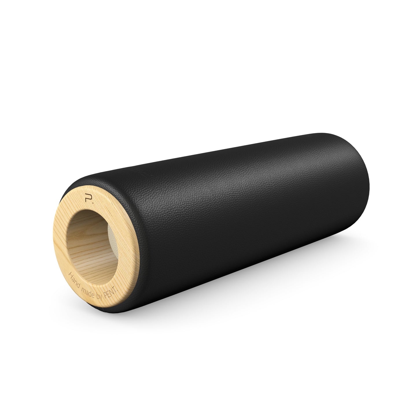 Luxury fitness equipment, handcrafted stretching roller with natural wood and luxurious leather. Customize in black base leather, beige accent leather and natural ash wood. PENT. ROLA - Luxury Stretching Roller