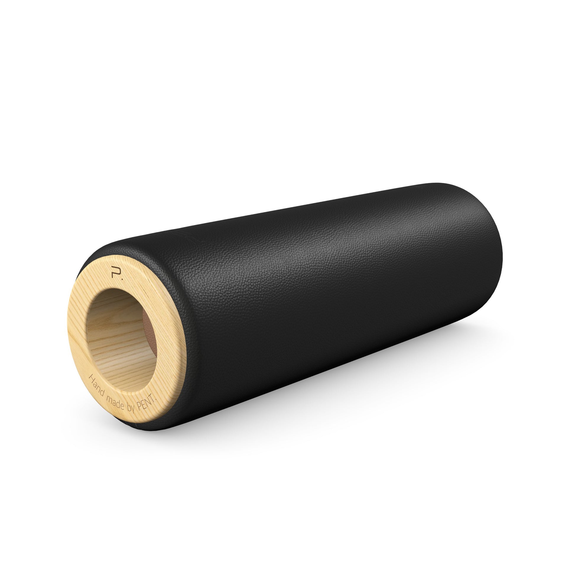 Luxury fitness equipment, handcrafted stretching roller with natural wood and luxurious leather. Customize in black base leather, brown accent leather and natural ash wood. PENT. ROLA - Luxury Stretching Roller