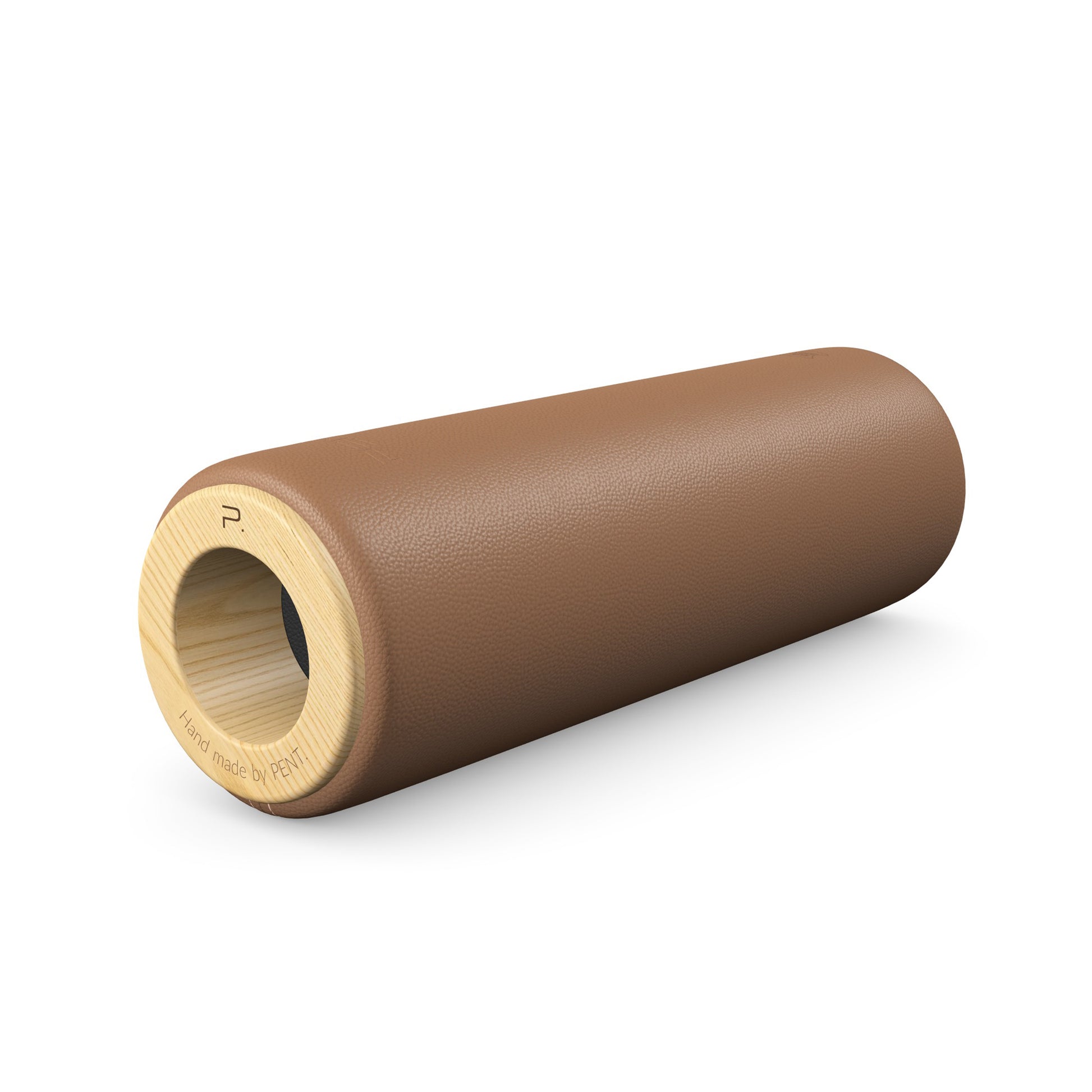 Luxury fitness equipment, handcrafted stretching roller with natural wood and luxurious leather. Customize in brown base leather, black accent leather and natural ash wood. PENT. ROLA - Luxury Stretching Roller