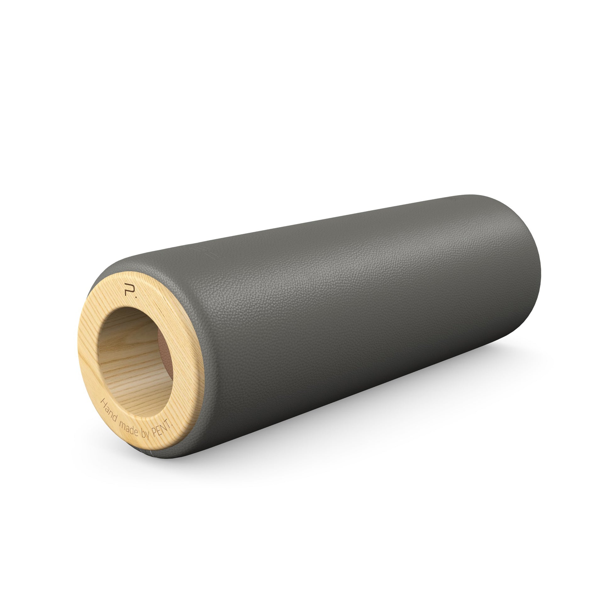Luxury fitness equipment, handcrafted stretching roller with natural wood and luxurious leather. Customize in grey base leather, brown accent leather and natural ash wood. PENT. ROLA - Luxury Stretching Roller