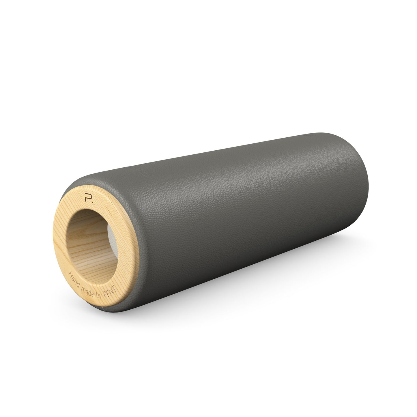 Luxury fitness equipment, handcrafted stretching roller with natural wood and luxurious leather. Customize in grey base leather, white accent leather and natural ash wood. PENT. ROLA - Luxury Stretching Roller
