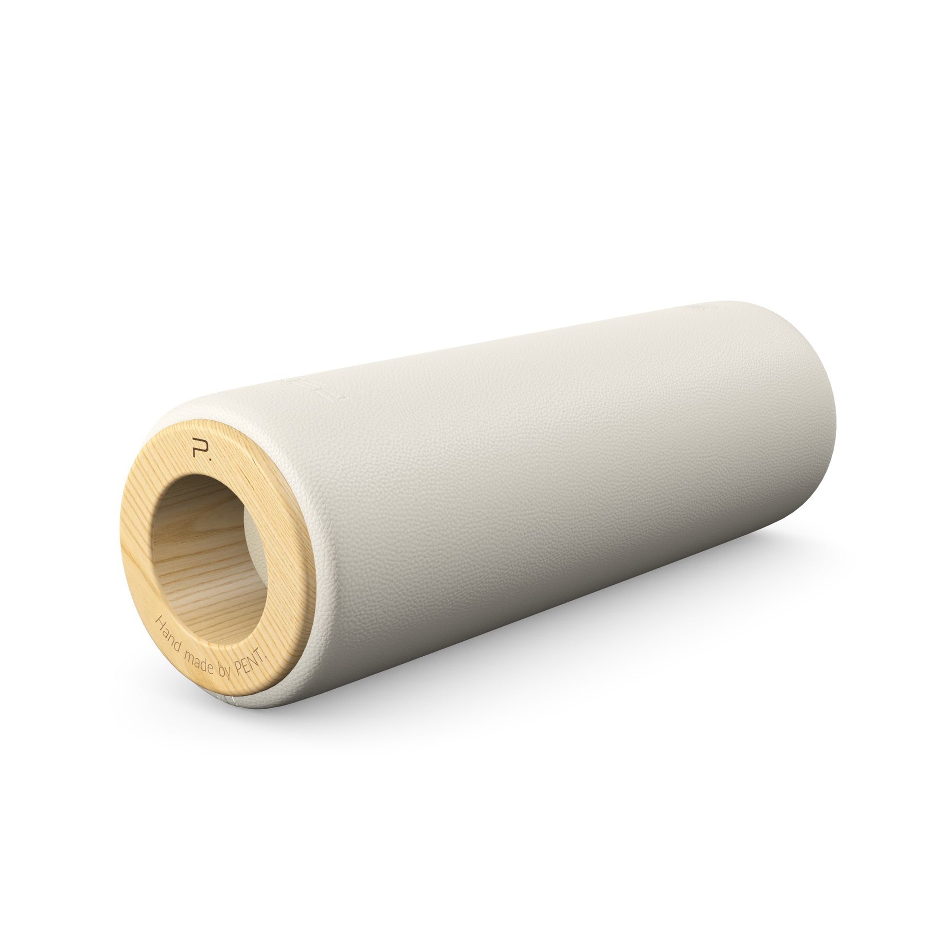 Luxury fitness equipment, handcrafted stretching roller with natural wood and luxurious leather. Customize in white base leather, beige accent leather and natural ash wood. PENT. ROLA - Luxury Stretching Roller