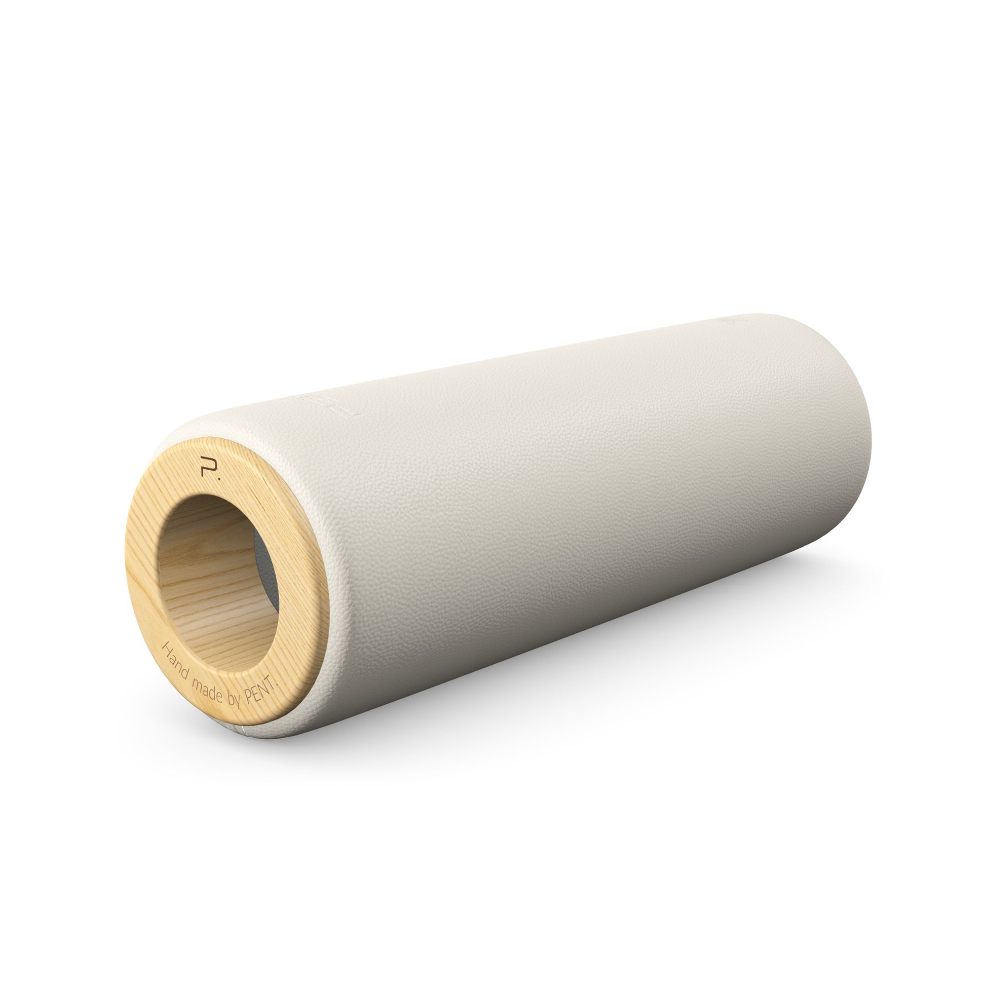 Luxury fitness equipment, handcrafted stretching roller with natural wood and luxurious leather. Customize in white base leather, grey accent leather and natural ash wood. PENT. ROLA - Luxury Stretching Roller