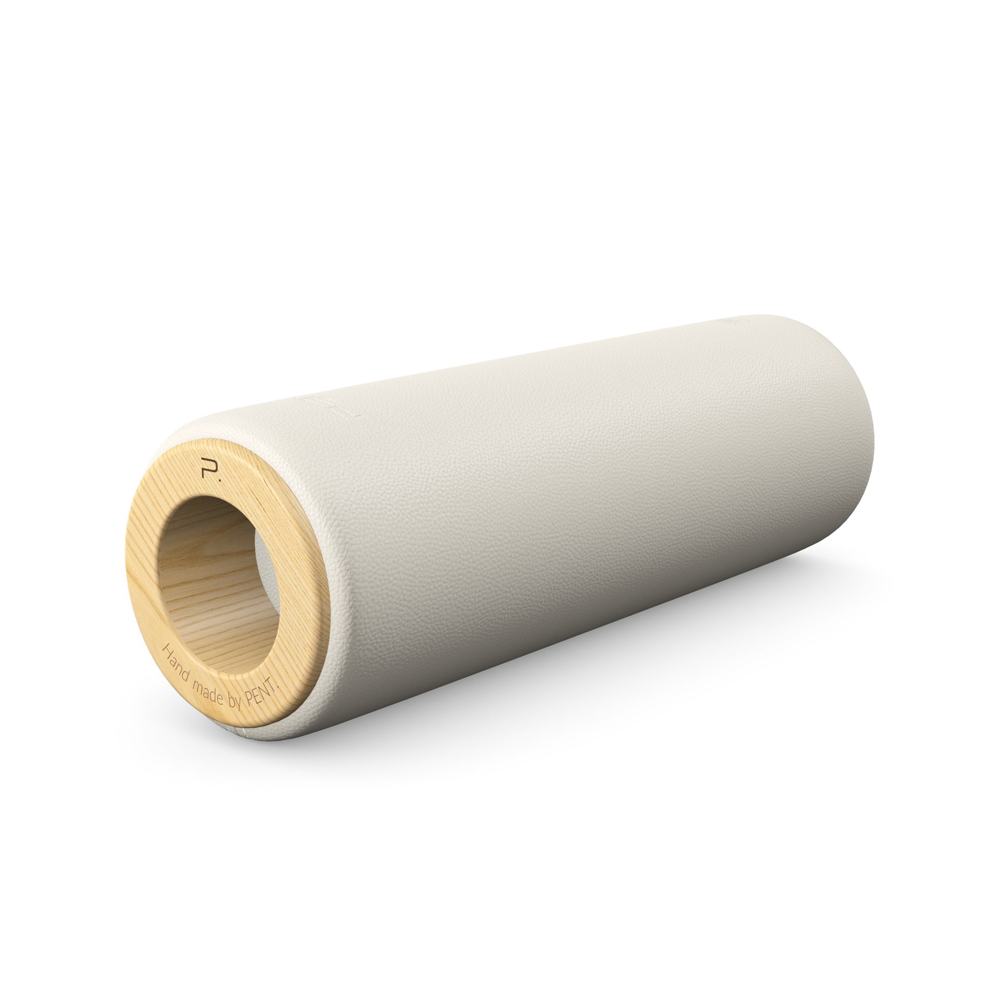 Luxury fitness equipment, handcrafted stretching roller with natural wood and luxurious leather. Customize in white base leather, white accent leather and natural ash wood. PENT. ROLA - Luxury Stretching Roller