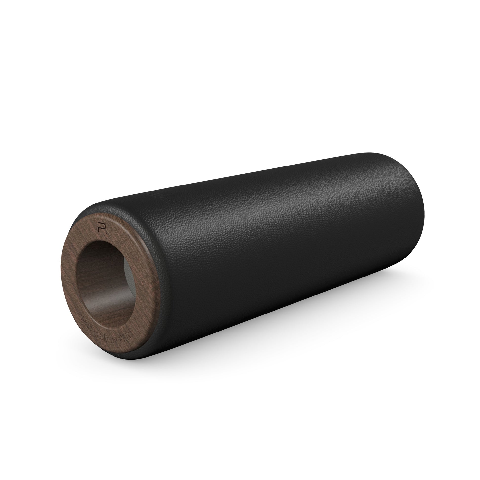 Luxury fitness equipment, handcrafted stretching roller with natural wood and luxurious leather. Customize in black base leather, grey accent leather and dark walnut wood. PENT. ROLA - Luxury Stretching Roller