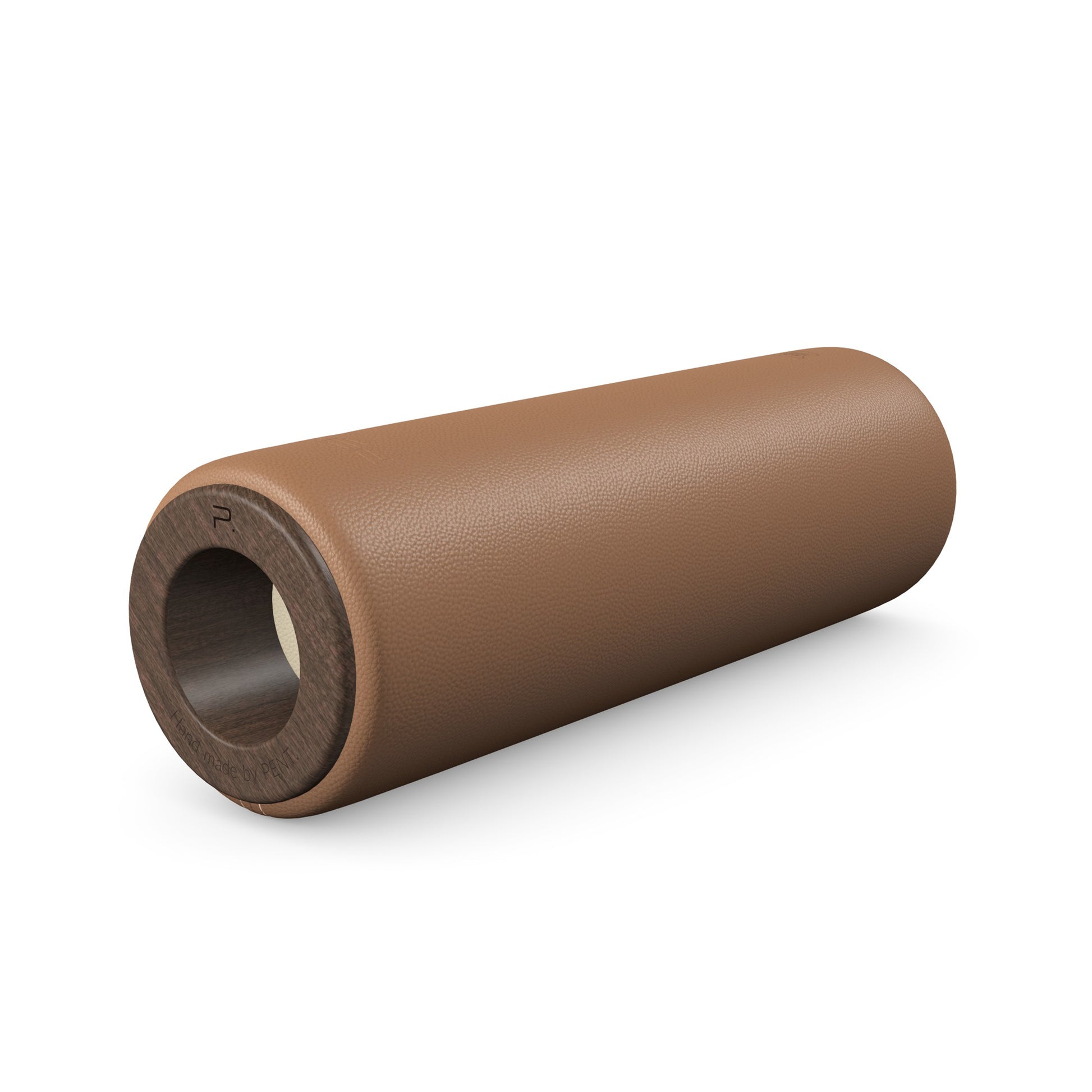 Luxury fitness equipment, handcrafted stretching roller with natural wood and luxurious leather. Customize in brown base leather, beige accent leather and dark walnut wood. PENT. ROLA - Luxury Stretching Roller