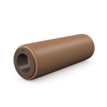 Luxury fitness equipment, handcrafted stretching roller with natural wood and luxurious leather. Customize in brown base leather, brown accent leather and dark walnut wood. PENT. ROLA - Luxury Stretching Roller